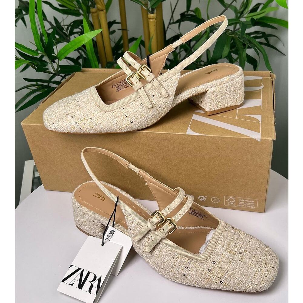 Zara NWT Cream Tweed Mary Jane Slingback Block Heels 7.5 - Picture 9 of 14